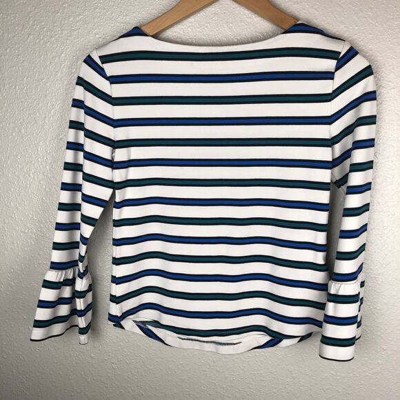 Ann Taylor Black Blue White Green Striped Flounce Sleeve Boat Neck Top Shirt XS - Picture 5 of 6